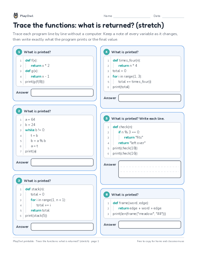 Trace the functions: what is returned? (stretch): coding worksheet for Grade 11, page 1 preview