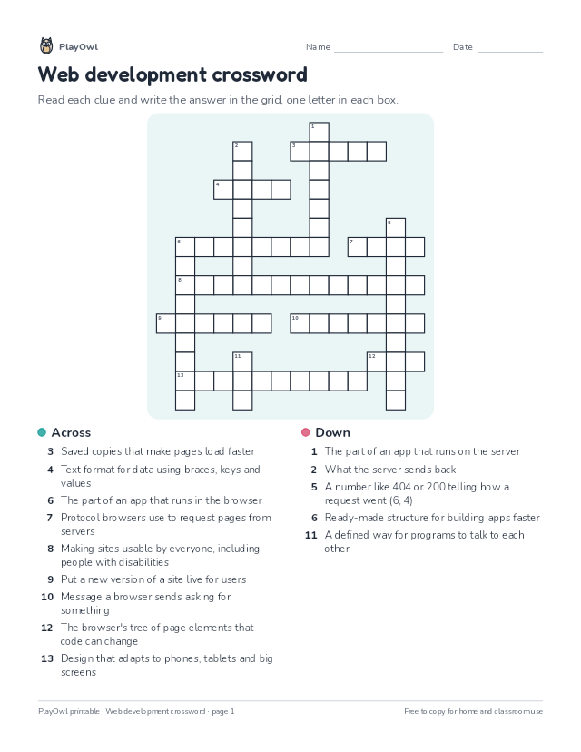 Web development crossword: crossword puzzle for Grade 11, page 1 preview