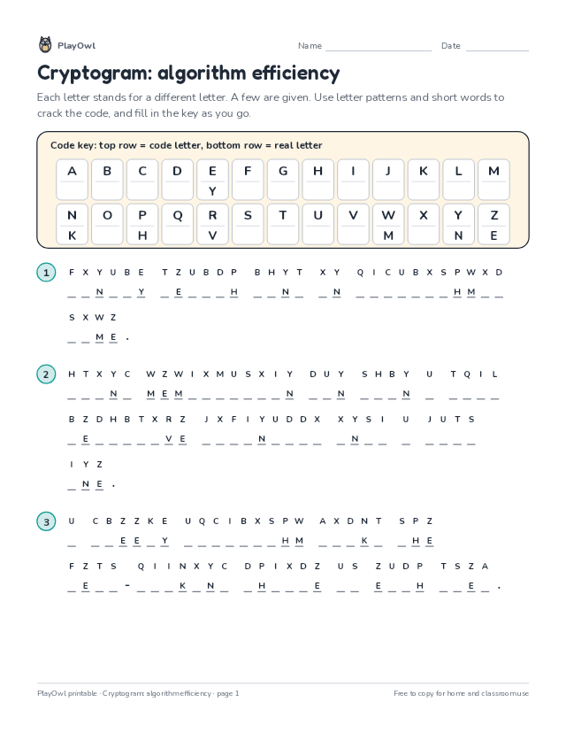 Cryptogram: algorithm efficiency: secret code puzzle for Grade 11, page 1 preview