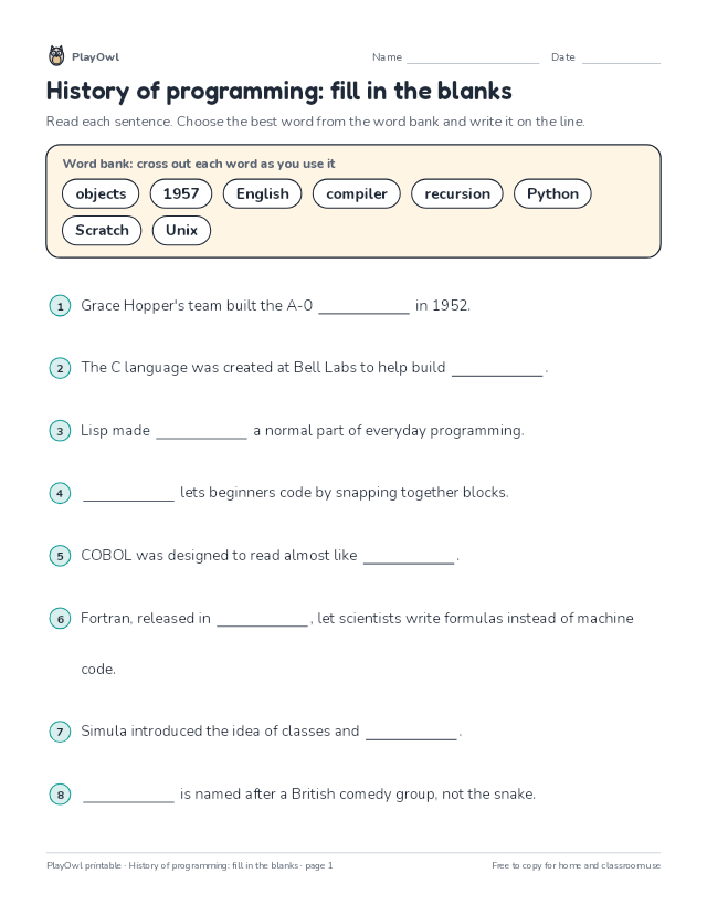 History of programming: fill in the blanks: fill-in-the-blank worksheet for Grade 11, page 1 preview