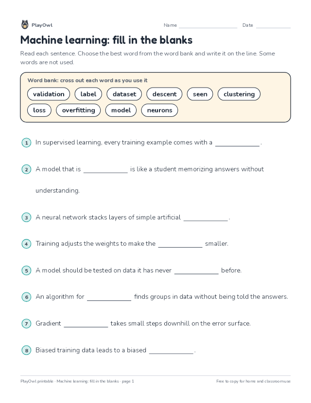 Machine learning: fill in the blanks: fill-in-the-blank worksheet for Grades 11–12, page 1 preview