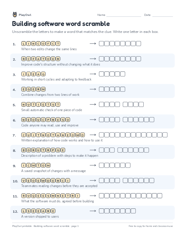 Building software word scramble: word scramble for Grade 11, page 1 preview