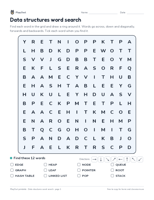 Data structures word search: word search for Grade 11, page 1 preview