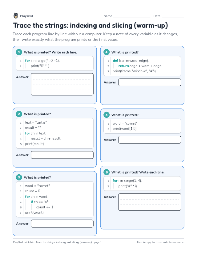 Trace the strings: indexing and slicing (warm-up): coding worksheet for Grade 11, page 1 preview