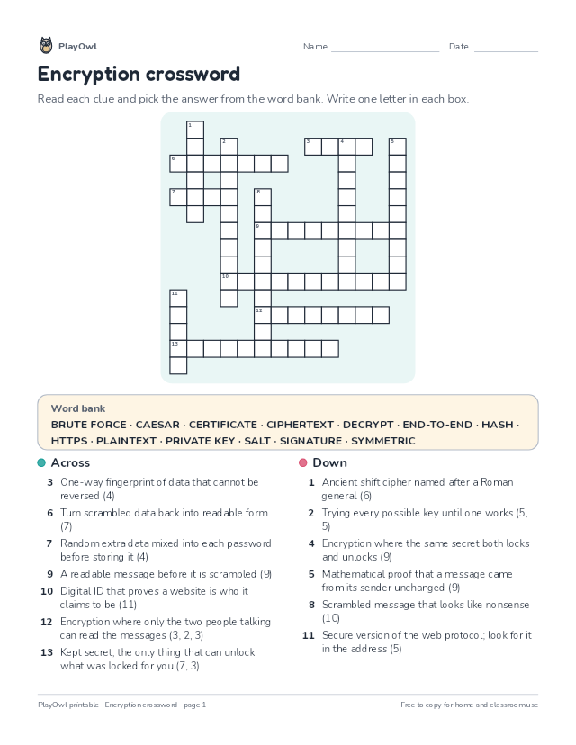 Encryption crossword: crossword puzzle for Grade 11, page 1 preview