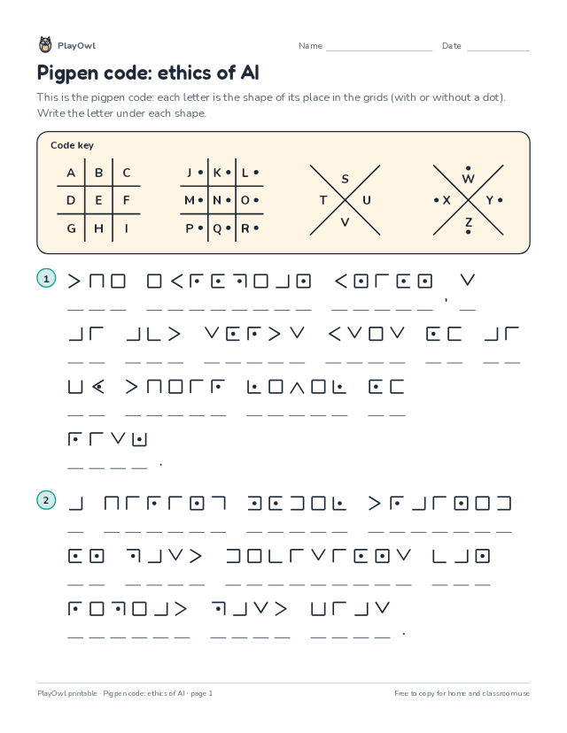 Pigpen code: ethics of AI: secret code puzzle for Grade 11, page 1 preview