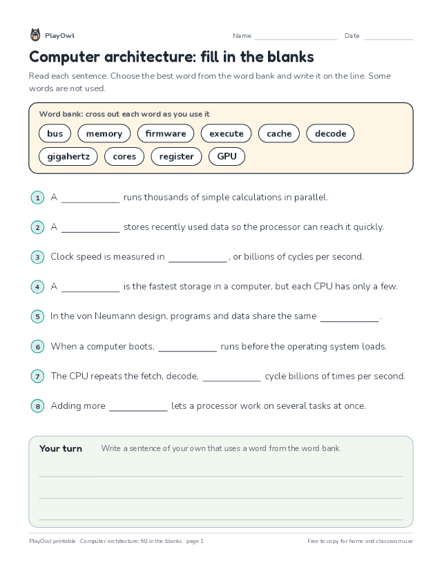 Computer architecture: fill in the blanks: fill-in-the-blank worksheet for Grade 11, page 1 preview
