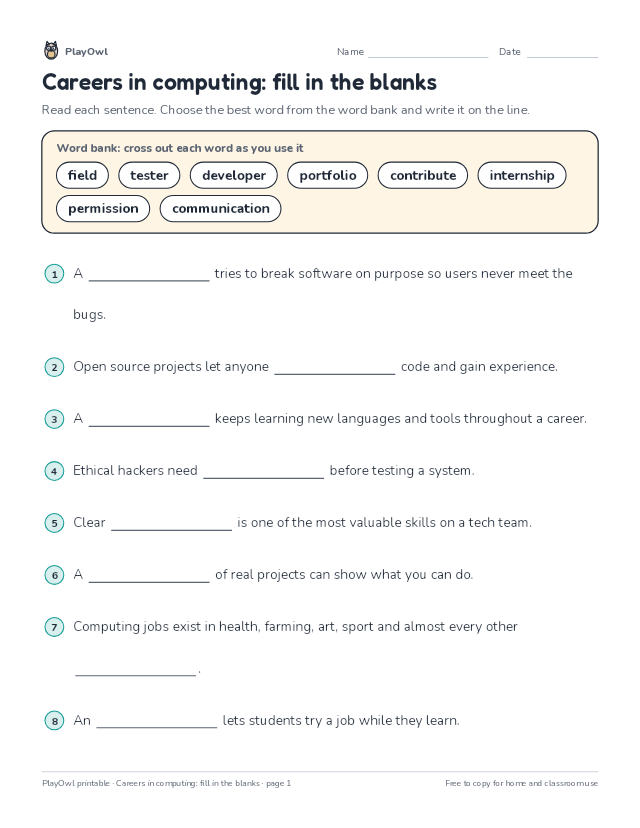 Careers in computing: fill in the blanks: fill-in-the-blank worksheet for Grade 11, page 1 preview