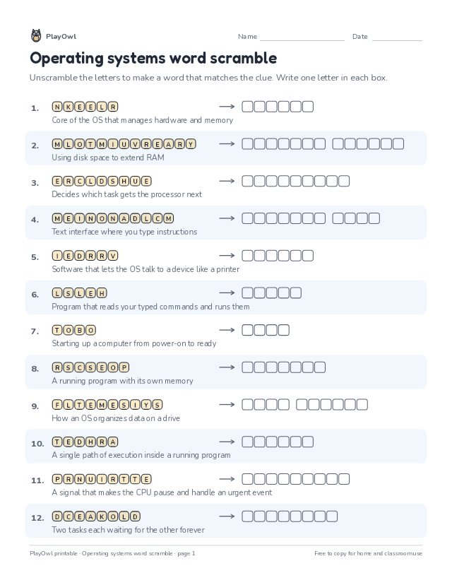 Operating systems word scramble: word scramble for Grade 11, page 1 preview