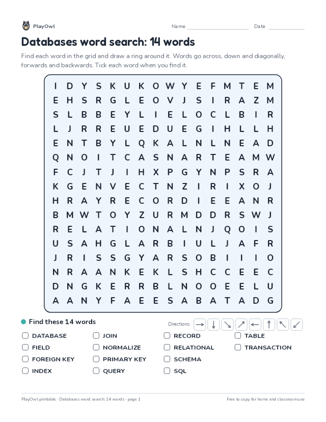 Databases word search: 14 words: word search for Grade 11, page 1 preview