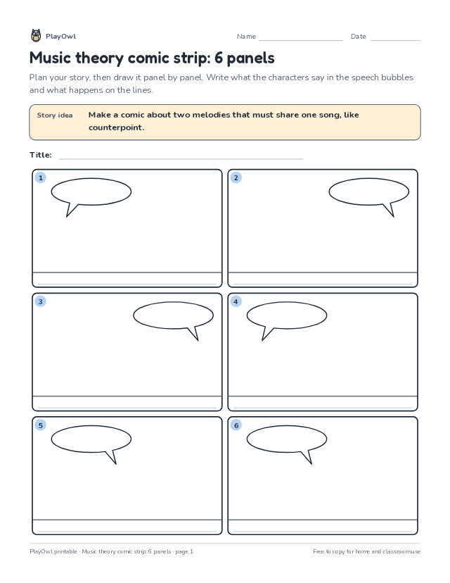 Music theory comic strip: 6 panels: comic strip worksheet for Grade 11, page 1 preview