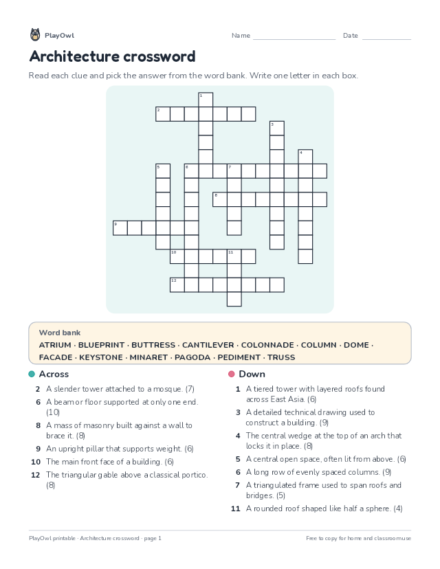 Architecture crossword: crossword puzzle for Grade 11, page 1 preview