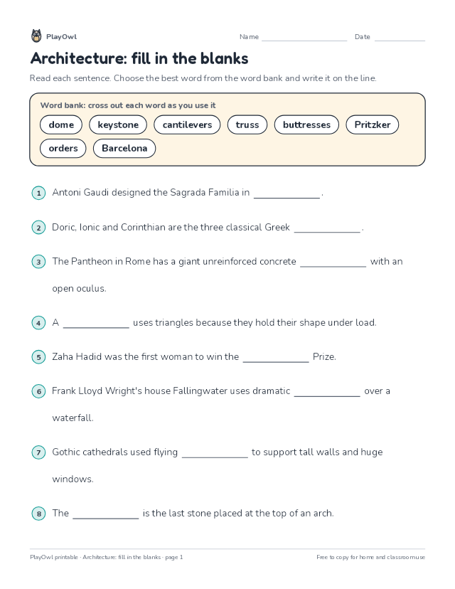 Architecture: fill in the blanks: fill-in-the-blank worksheet for Grade 11, page 1 preview