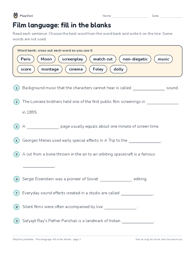 Film language: fill in the blanks: fill-in-the-blank worksheet for Grade 11, page 1 preview