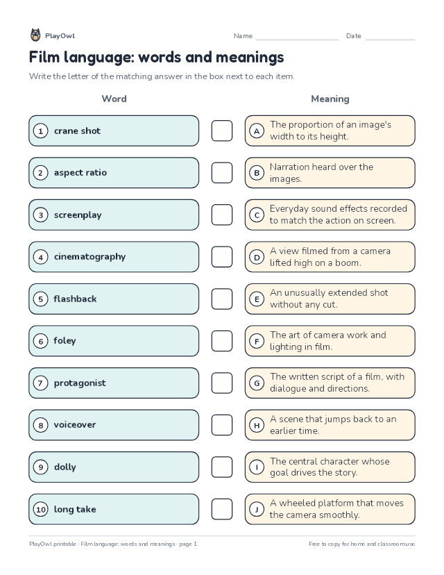 Film language: words and meanings: matching worksheet for Grade 11, page 1 preview
