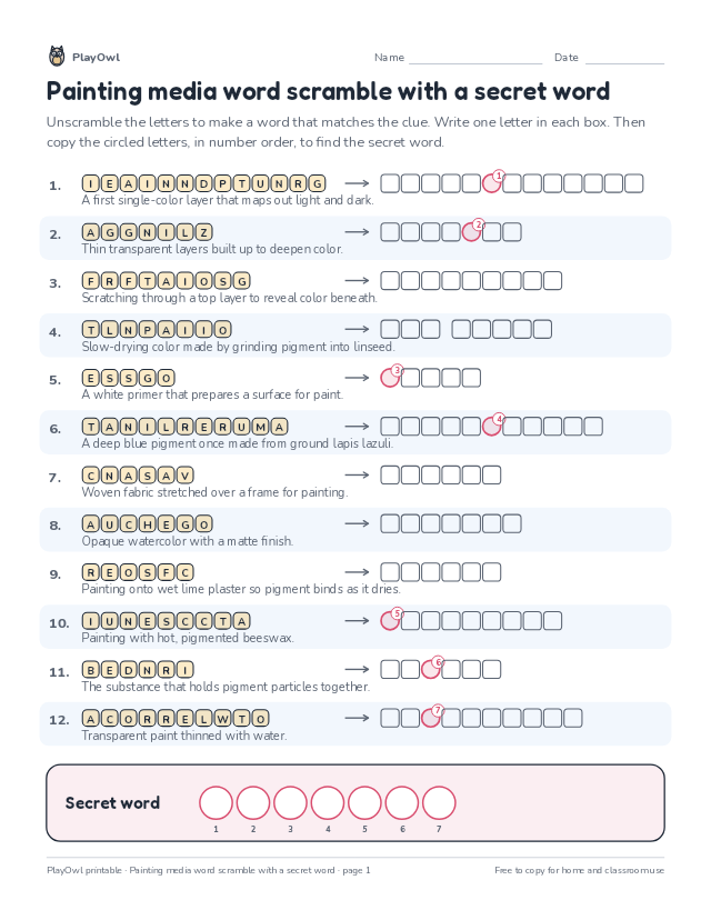 Painting media word scramble with a secret word: word scramble for Grade 11, page 1 preview