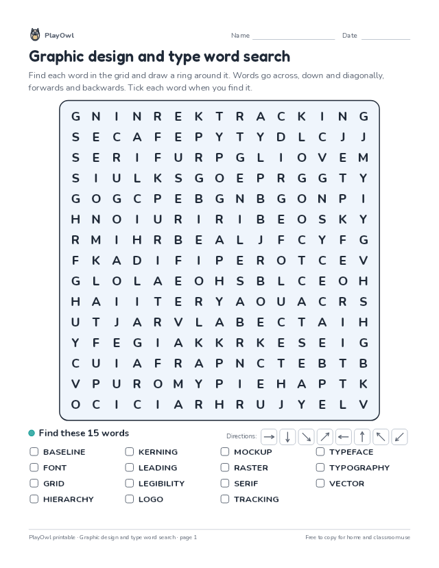 Graphic design and type word search: word search for Grade 11, page 1 preview