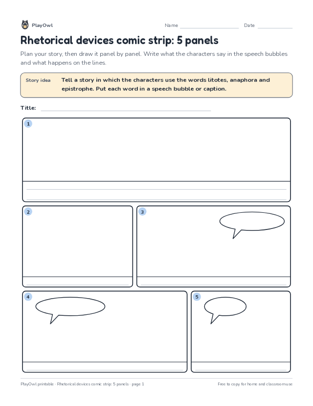 Rhetorical devices comic strip: 5 panels: comic strip worksheet for Grade 11, page 1 preview