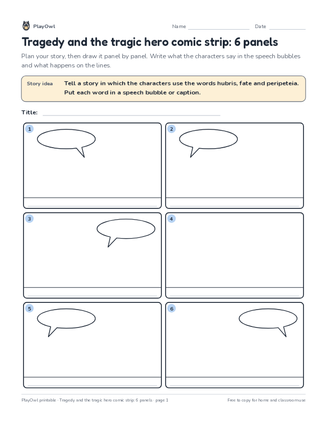 Tragedy and the tragic hero comic strip: 6 panels: comic strip worksheet for Grade 11, page 1 preview