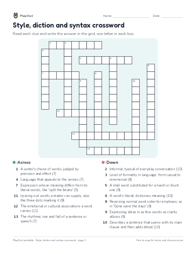 Style, diction and syntax crossword: crossword puzzle for Grade 11, page 1 preview
