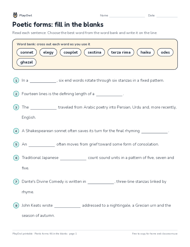 Poetic forms: fill in the blanks: fill-in-the-blank worksheet for Grades 11–12, page 1 preview
