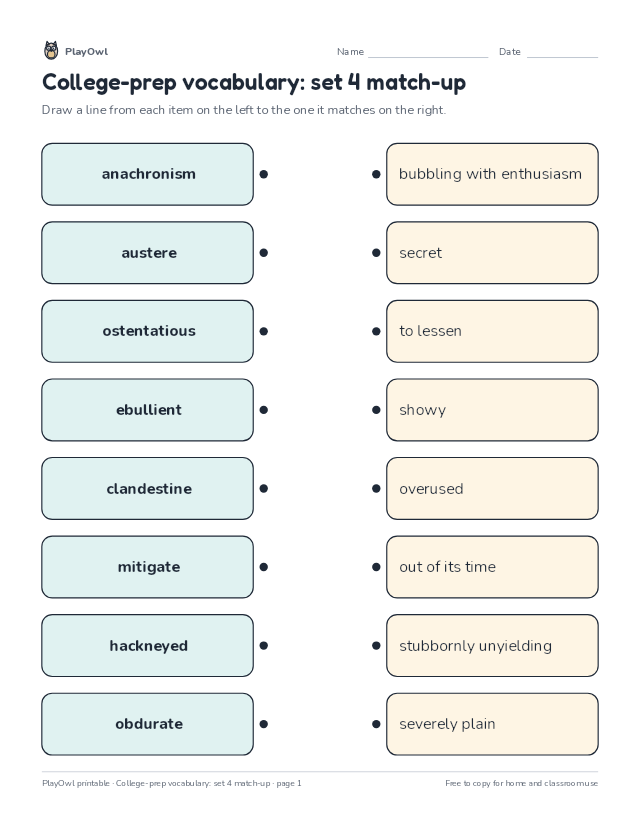 College-prep vocabulary: set 4 match-up: matching worksheet for Grade 11, page 1 preview
