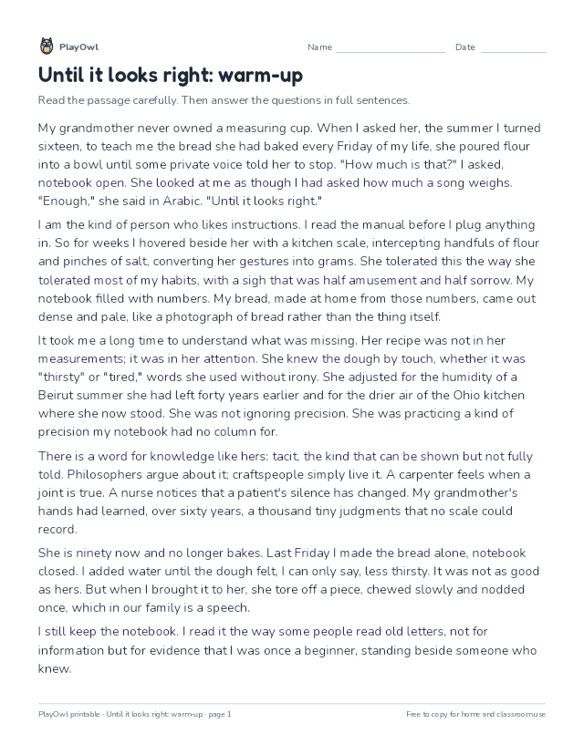 Until it looks right: warm-up: reading passage for Grade 11, page 1 preview