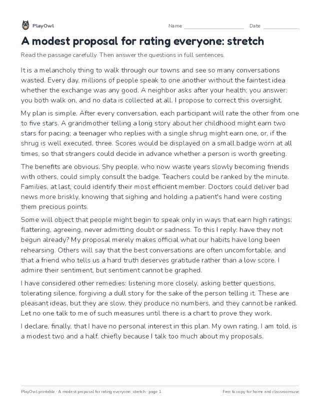 A modest proposal for rating everyone: stretch: reading passage for Grade 11, page 1 preview