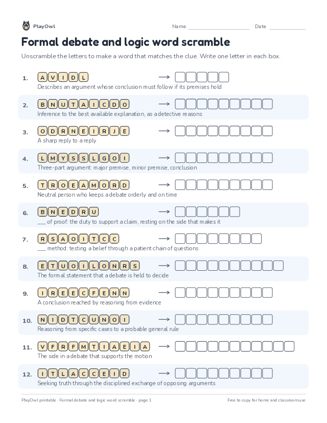 Formal debate and logic word scramble: word scramble for Grade 11, page 1 preview