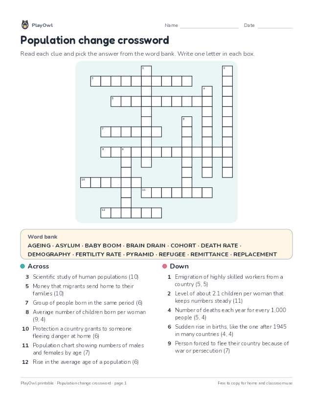 Population change crossword: crossword puzzle for Grade 11, page 1 preview
