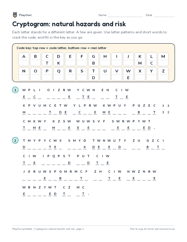 Cryptogram: natural hazards and risk: secret code puzzle for Grade 11, page 1 preview