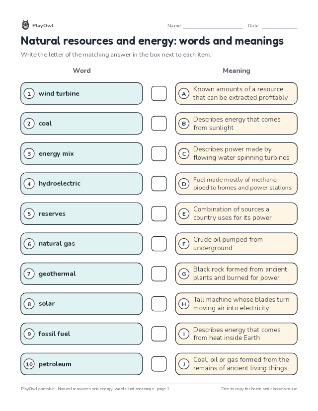 Natural resources and energy: words and meanings: matching worksheet for Grade 11, page 1 preview