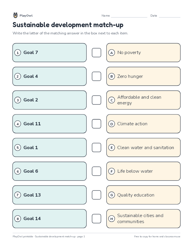 Sustainable development match-up: matching worksheet for Grade 11, page 1 preview