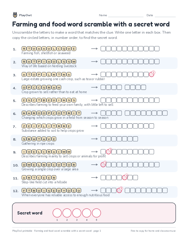 Farming and food word scramble with a secret word: word scramble for Grade 11, page 1 preview