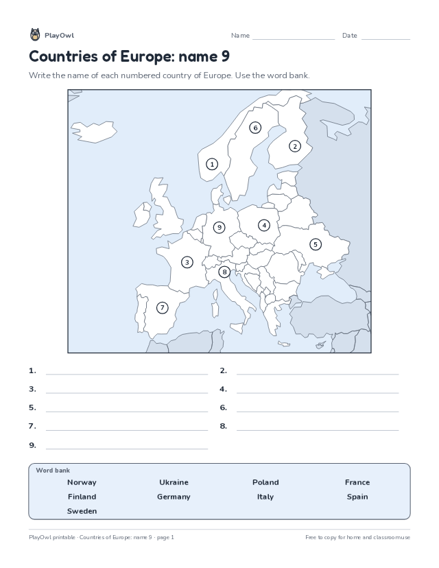 Countries of Europe: name 9: map worksheet for Grade 11, page 1 preview