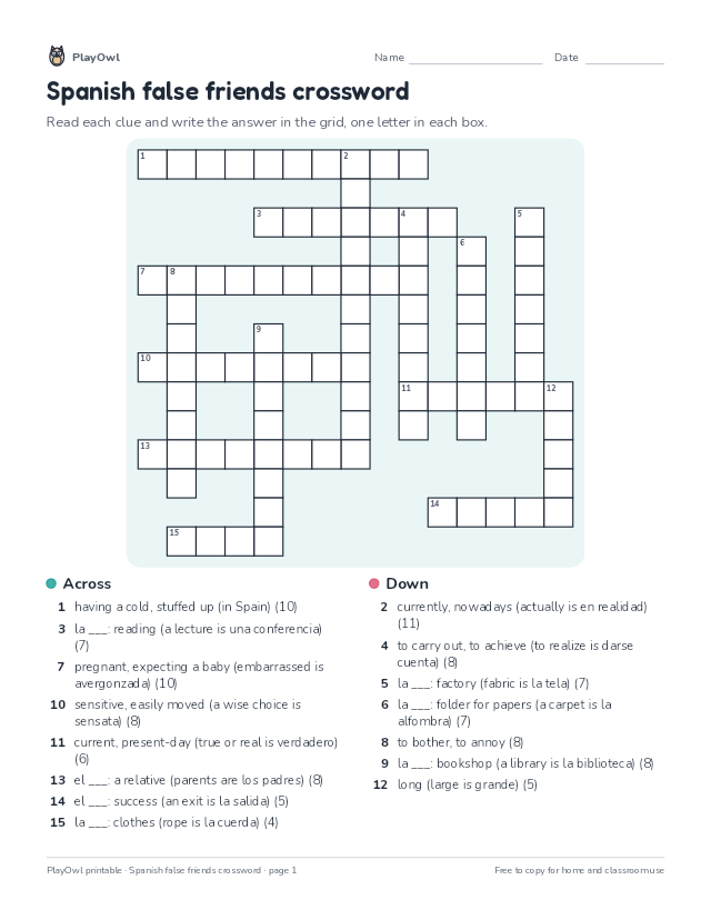 Spanish false friends crossword: crossword puzzle for Grade 11, page 1 preview