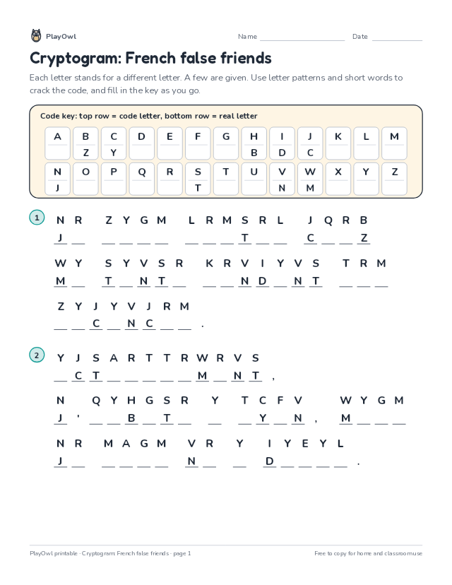 Cryptogram: French false friends: secret code puzzle for Grade 11, page 1 preview