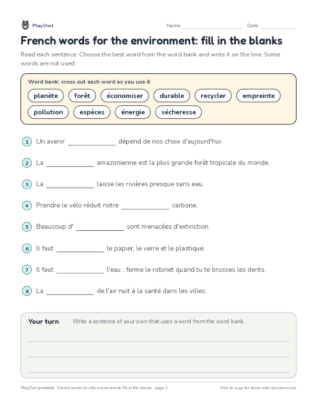French words for the environment: fill in the blanks: fill-in-the-blank worksheet for Grade 11, page 1 preview