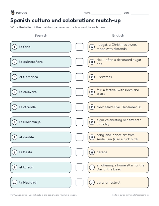 Spanish culture and celebrations match-up: matching worksheet for Grade 11, page 1 preview
