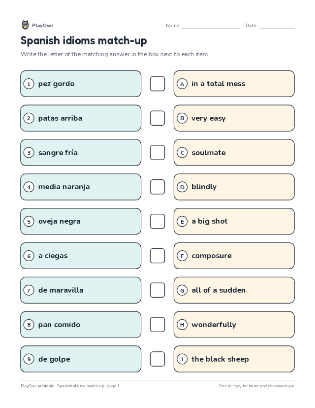 Spanish idioms match-up: matching worksheet for Grade 11, page 1 preview