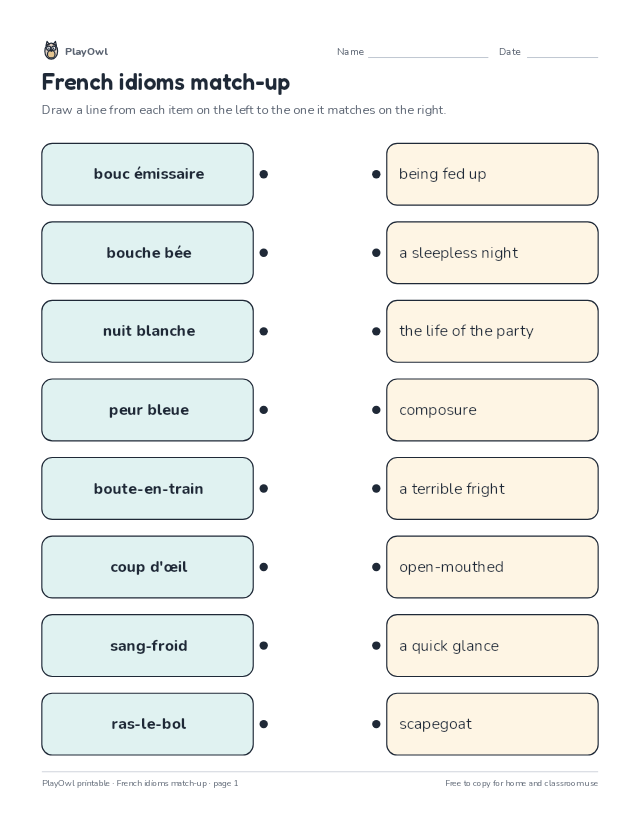 French idioms match-up: matching worksheet for Grade 11, page 1 preview