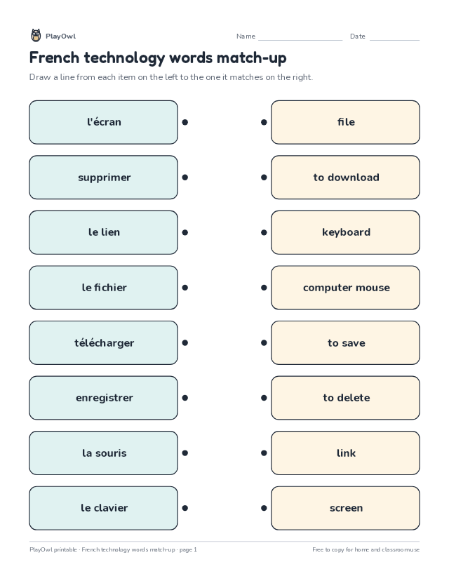 French technology words match-up: matching worksheet for Grade 11, page 1 preview