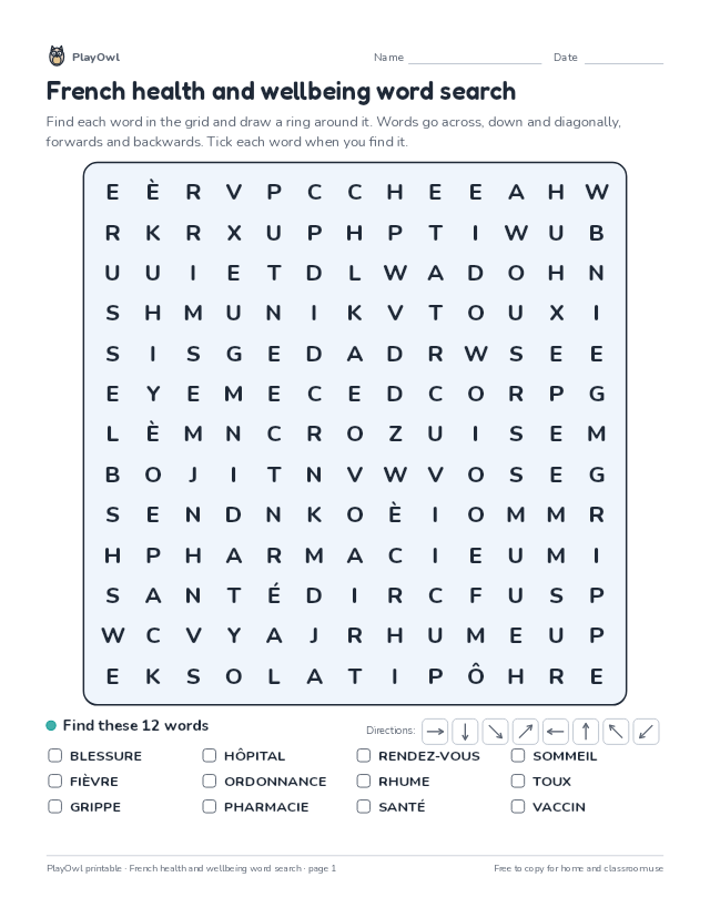 French health and wellbeing word search: word search for Grade 11, page 1 preview