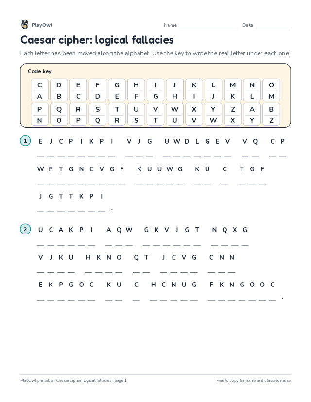 Caesar cipher: logical fallacies: secret code puzzle for Grade 11, page 1 preview