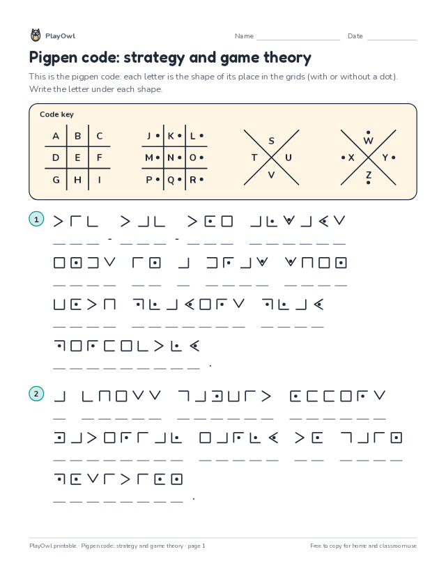Pigpen code: strategy and game theory: secret code puzzle for Grade 11, page 1 preview
