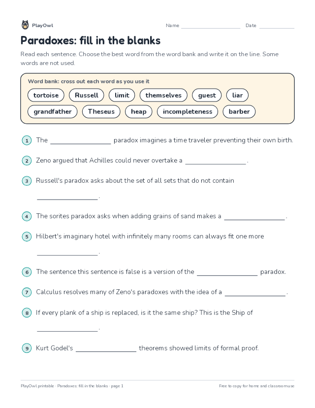 Paradoxes: fill in the blanks: fill-in-the-blank worksheet for Grade 11, page 1 preview