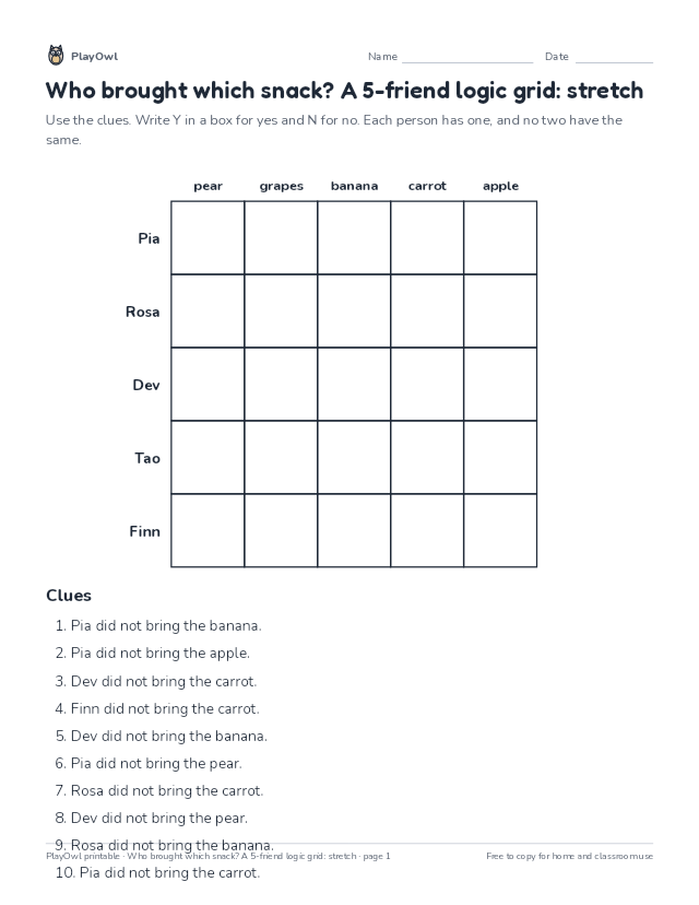 Who brought which snack? A 5-friend logic grid: stretch: logic puzzle for Grade 11, page 1 preview