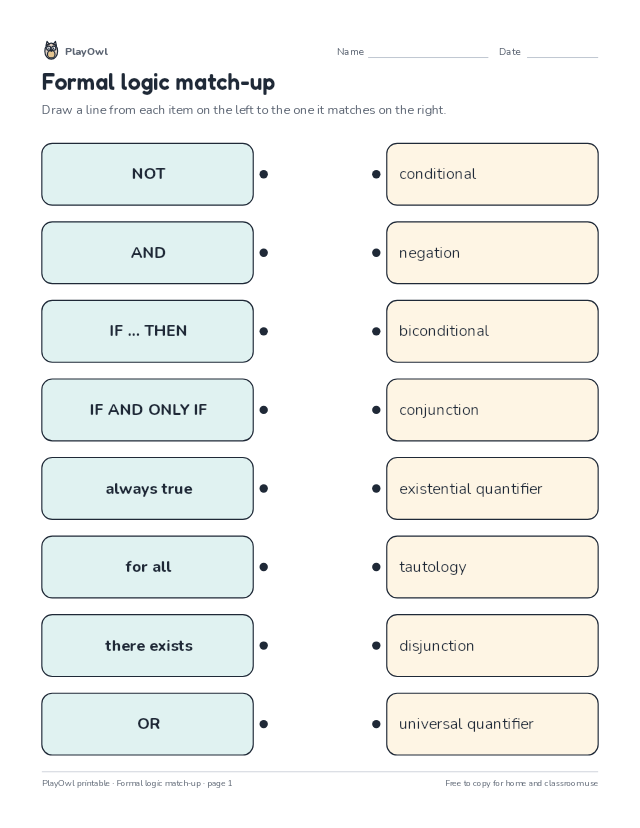 Formal logic match-up: matching worksheet for Grade 11, page 1 preview