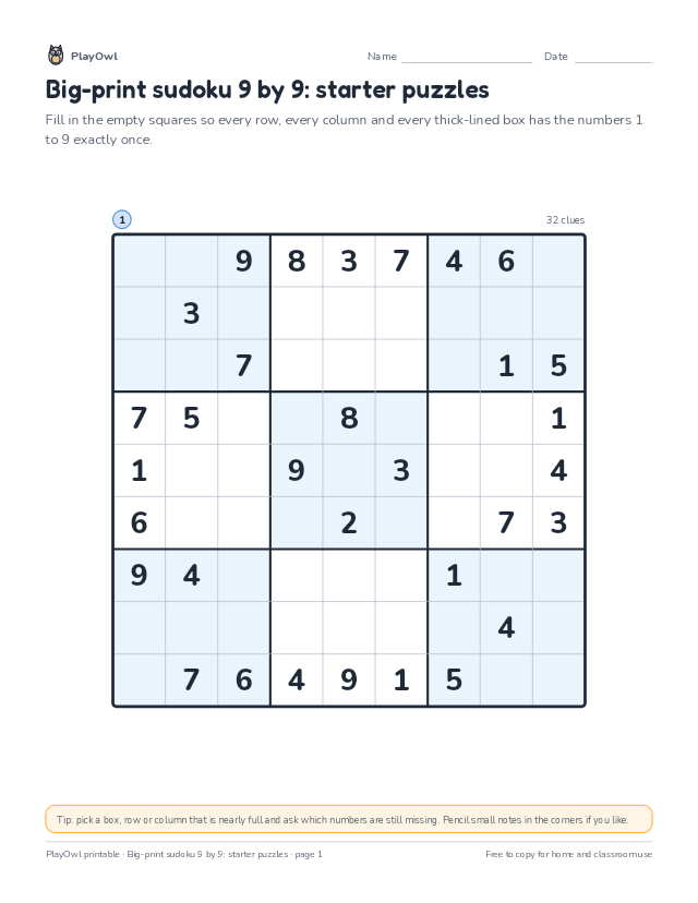 Big-print sudoku 9 by 9: starter puzzles: sudoku puzzle for Grade 11, page 1 preview