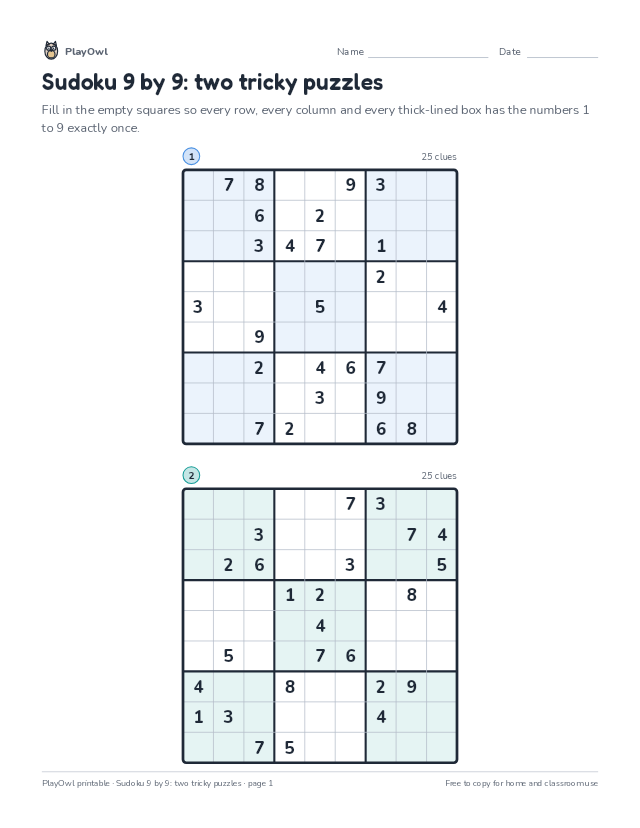 Sudoku 9 by 9: two tricky puzzles: sudoku puzzle for Grades 11–12, page 1 preview